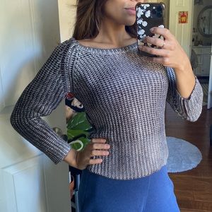 Bebe metallic silver and brown knit fitted sweater 3/4 sleeve
